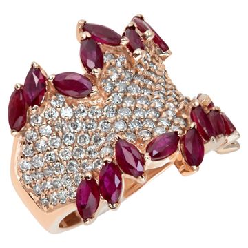 14k rose gold pave set diamond ring with pear shaped rubies