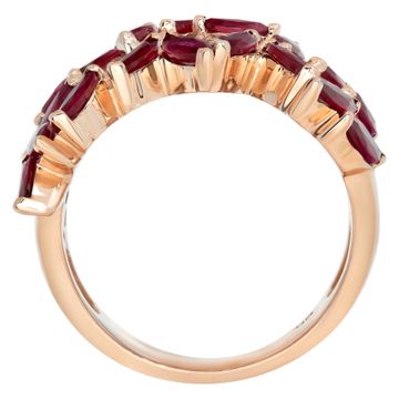 14k rose gold pave set diamond ring with pear shaped rubies