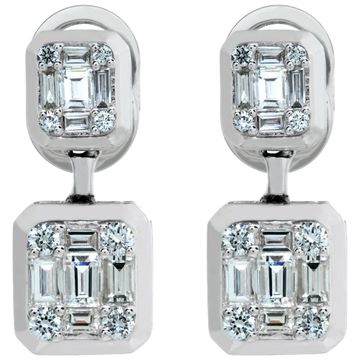 18k white gold illusion set diamond earrings with 0.86 carat in baguette & round cut diamonds