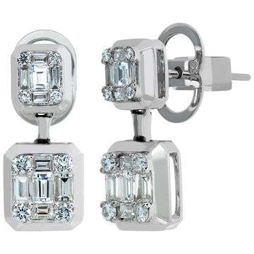 18k white gold illusion set diamond earrings with 0.86 carat in baguette & round cut diamonds