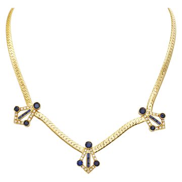18k Yellow gold necklace with blue sapphires and diamonds