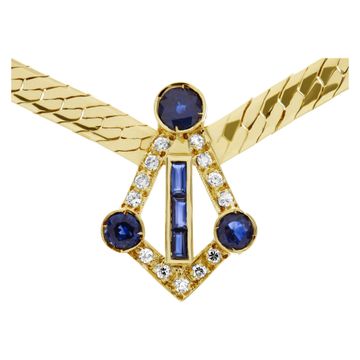 18k Yellow gold necklace with blue sapphires and diamonds