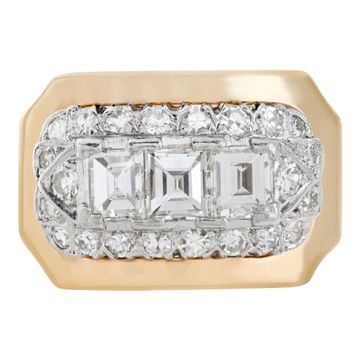3 Gia Certified, Rectangular Step Cut Diamonds (Total Weight: 1.30 Carat), Set In Platinum & 14k Yellow Gold Ring, Surrounded By 22 Briliant Cut Diamonds (Total Approx. Weight: 1.00 Carat)