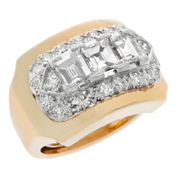 3 Gia Certified, Rectangular Step Cut Diamonds (Total Weight: 1.30 Carat), Set In Platinum & 14k Yellow Gold Ring, Surrounded By 22 Briliant Cut Diamonds (Total Approx. Weight: 1.00 Carat)