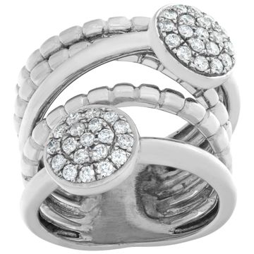 5 banded ring with 2 pave diamond clusters in 18k white gold, (0.60 cts) diamonds