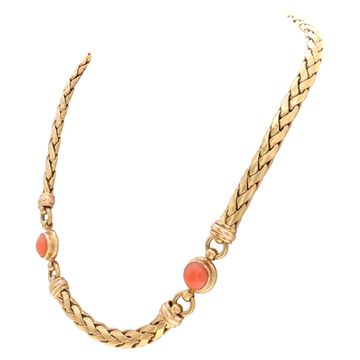 Braided 18k yellow gold & coral necklace and braclet set