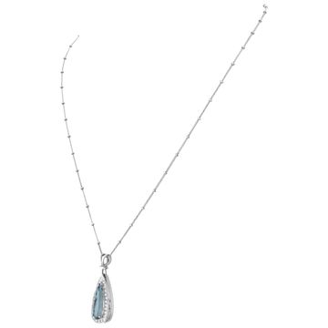 Brilliant cut pear shape blue topaz & diamonds pendant with 14k white gold chain.