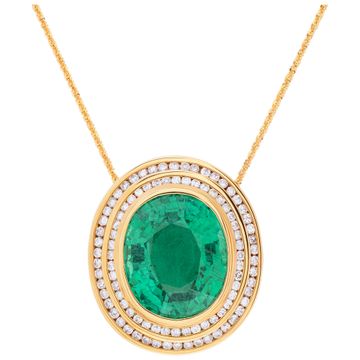 Brilliant oval cut green tourmaline and diamonds pendant on a 14k yellow gold 20 inches chain.