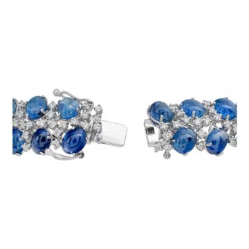 Cabochon Sapphire & diamond line bracelet in 18k white gold. Cabochon sapphire total approx. weigth: 50.00 carats