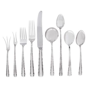 CANDLELIGHT sterling silver flatware set patented In 1934 By Towle Silversmiths. 62 pieces total- 5 Place setting for 8 + 5 soup spoon, and 9 serving pieces. Over 1800 grams sterling silver.