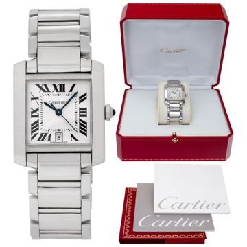 Cartier Tank Francaise W50011S3 18k White Gold Silver Guilloche dial 28mm