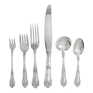 Champlain Aka Princess Carlotta Silver Flatware Set Patented In 1915 By Amston Silver Co & Arthur Stuart (Frank M. Whiting). Total 89 Pieces. 6 Place Setting By 12 (Double Tea Spoon) And 6 Serving Pieces,