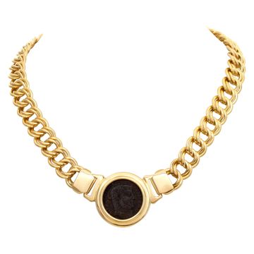 Choker necklace with Roman coin style center motif in 18K yellow gold. Chain length: 16" length x 10mm width.