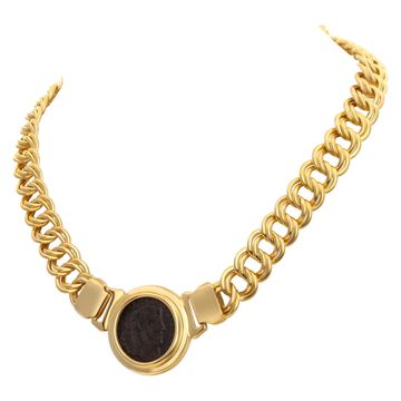 Choker necklace with Roman coin style center motif in 18K yellow gold. Chain length: 16" length x 10mm width.