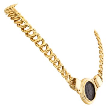 Choker necklace with Roman coin style center motif in 18K yellow gold. Chain length: 16" length x 10mm width.