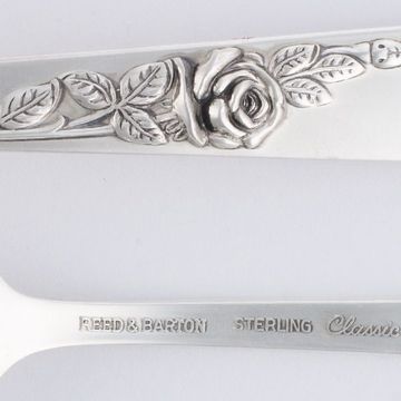 "CLASSIC ROSE" sterling silver flatware set by Reed & Barton, patented in 1954. 5 place setting for 10 with xtras + 2 serving pieces. Over sterling silver-
Great Starter set.