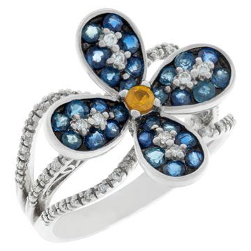 Colorful floral design 18k white gold micro pave diamond ring with blue/yellow sapphires
