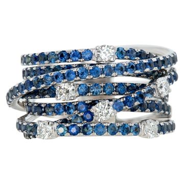 Crossover Light Blue Sapphire And Diamond Ring In 14k White Gold. Over 2 .00 Carats Blue Sapphires And Approx. 0.20 Carat Diamonds