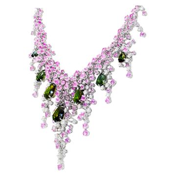 Damiani Italian designer, Mimosa Collection, spectacular diamonds parure necklace with pink sapphire and green tourmaline set in 18k white gold