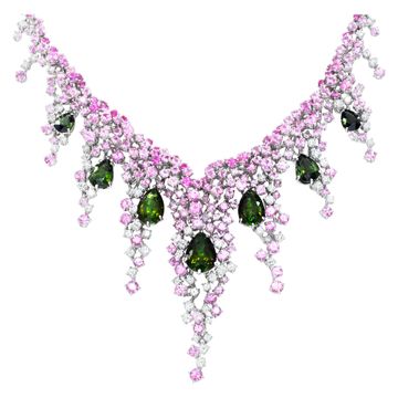 Damiani Italian designer, Mimosa Collection, spectacular diamonds parure necklace with pink sapphire and green tourmaline set in 18k white gold