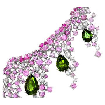 Damiani Italian designer, Mimosa Collection, spectacular diamonds parure necklace with pink sapphire and green tourmaline set in 18k white gold