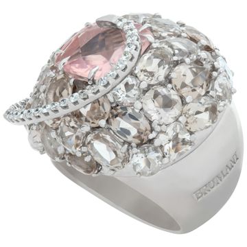 Designer "Brumani", cushion rose quartz and various brillant cut smokey quartz stones dome ring set in 18K white gold