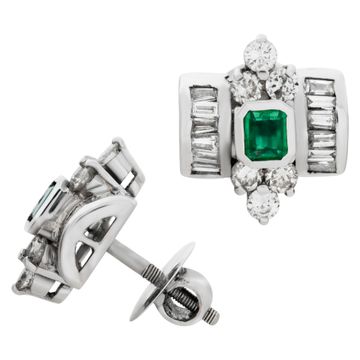 Diamond & emerald earrings in 14k white gold with screw earring backs