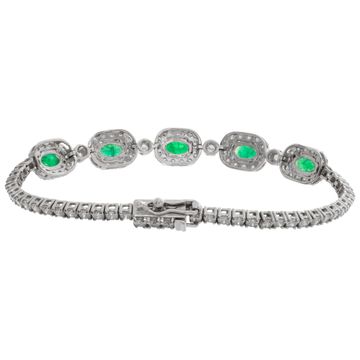 Diamonds And Emerald Line Bracelet In 14k White Gold. Round Brilliant Cut Diamonds Total Approx. Weight: 2.50 Carats,