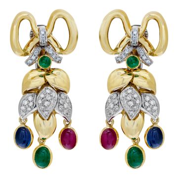 Festive dangling diamonds "Bow" earrings with cabochon sapphire, emerald, ruby in 18K yellow gold.