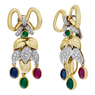 Festive dangling diamonds "Bow" earrings with cabochon sapphire, emerald, ruby in 18K yellow gold.