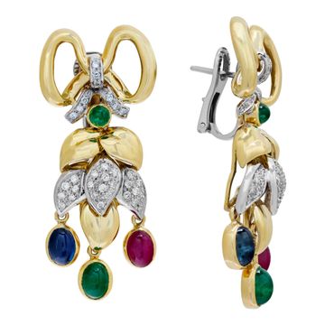 Festive dangling diamonds "Bow" earrings with cabochon sapphire, emerald, ruby in 18K yellow gold.