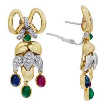 Festive dangling diamonds "Bow" earrings with cabochon sapphire, emerald, ruby in 18K yellow gold.