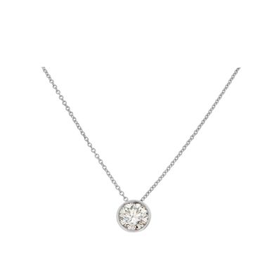 GIA certified 1.02 carat (J color, VS2 clarity) bezel set diamond pendant necklace in 18k white gold