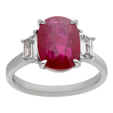 Gia Certified Gorgeous Platinum Ring With 5.03 Carat Oval Cut Heated Ruby And 0.56 Carat In Accent Trapezoid Step Cut Diamonds