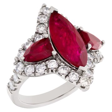 Gorgeous platinum ring with GIA certified 3.51 carat center step cut marquise brilliant Ruby,
