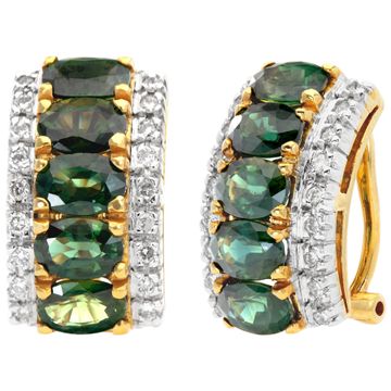 Green tourmaline and diamond "huggies" hoop earrings in 18k yellow gold