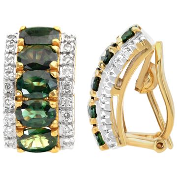 Green tourmaline and diamond "huggies" hoop earrings in 18k yellow gold