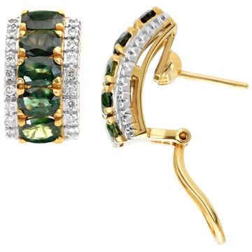 Green tourmaline and diamond "huggies" hoop earrings in 18k yellow gold