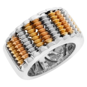 Heavy "modern coil" design ring in 18k white, yellow & pink gold