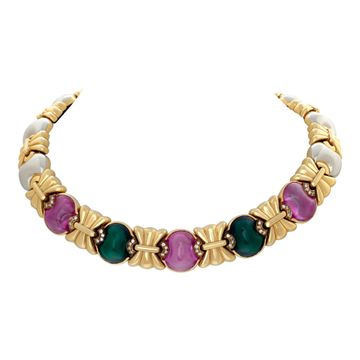 Italian designer, Roberto Legnazzi green & pink cabochon tourmaline and diamonds, earrings, necklace, bracelet set, in 18k yellow gold and white gold