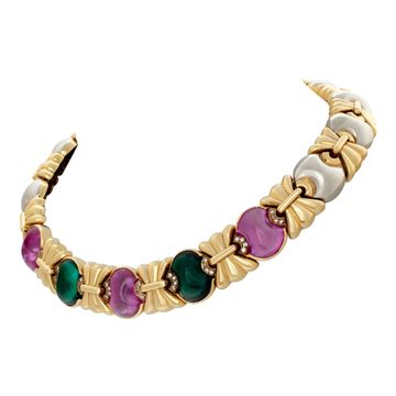 Italian designer, Roberto Legnazzi green & pink cabochon tourmaline and diamonds, earrings, necklace, bracelet set, in 18k yellow gold and white gold