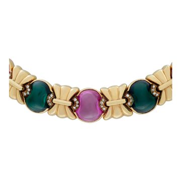 Italian designer, Roberto Legnazzi green & pink cabochon tourmaline and diamonds, earrings, necklace, bracelet set, in 18k yellow gold and white gold