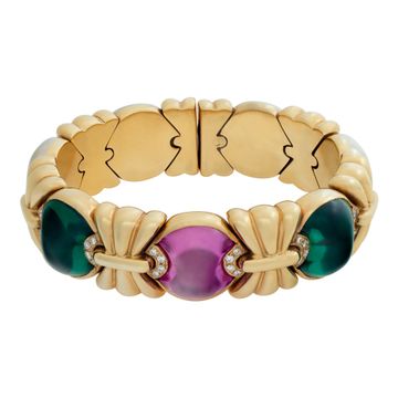 Italian designer, Roberto Legnazzi green & pink cabochon tourmaline and diamonds, earrings, necklace, bracelet set, in 18k yellow gold and white gold