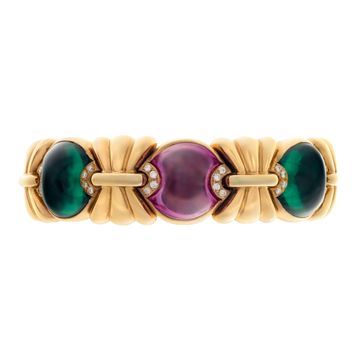 Italian designer, Roberto Legnazzi green & pink cabochon tourmaline and diamonds, earrings, necklace, bracelet set, in 18k yellow gold and white gold