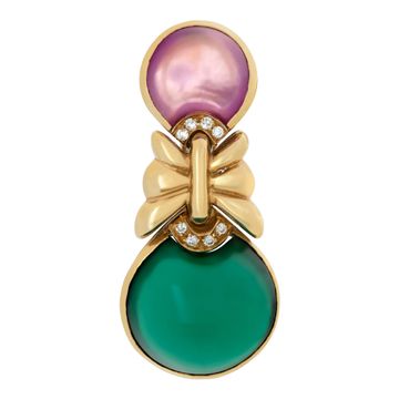 Italian designer, Roberto Legnazzi green & pink cabochon tourmaline and diamonds, earrings, necklace, bracelet set, in 18k yellow gold and white gold