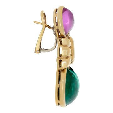 Italian designer, Roberto Legnazzi green & pink cabochon tourmaline and diamonds, earrings, necklace, bracelet set, in 18k yellow gold and white gold