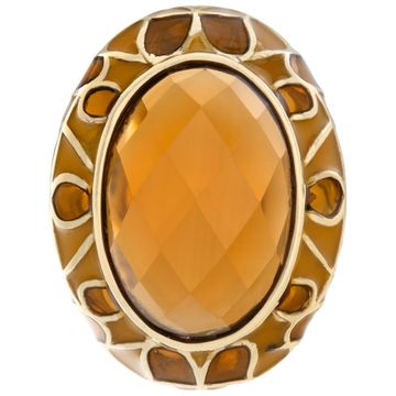 Lab created approx. 16 carats Oval faceted cut Citrine in a Caramel, Butterscotch hues Enamel 14K yellow gold setting.