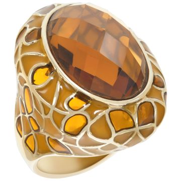 Lab created approx. 16 carats Oval faceted cut Citrine in a Caramel, Butterscotch hues Enamel 14K yellow gold setting.