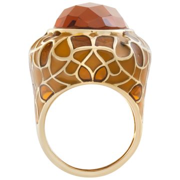 Lab created approx. 16 carats Oval faceted cut Citrine in a Caramel, Butterscotch hues Enamel 14K yellow gold setting.