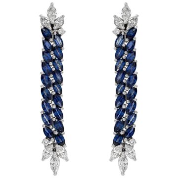 Marquise cut sapphire & diamond dangling earrings in 18k white gold